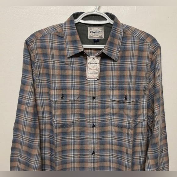 Flag&Anthem Mens Plaid Shirt Button Up Burnout Medium Navy Coral Lightweight NWT - Picture 5 of 13